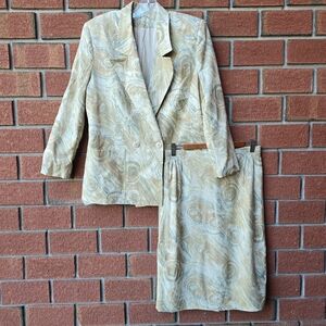 Vintage Elegant Handmade Cream and Green Blazer Skirt Set